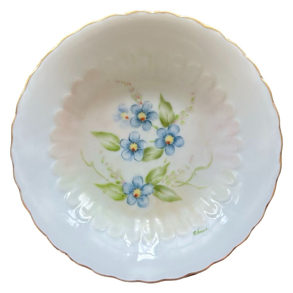 Vintage Hand Painted Forget Me Not Porcelain Bowl Gold Scalloped Rim Signed Chas